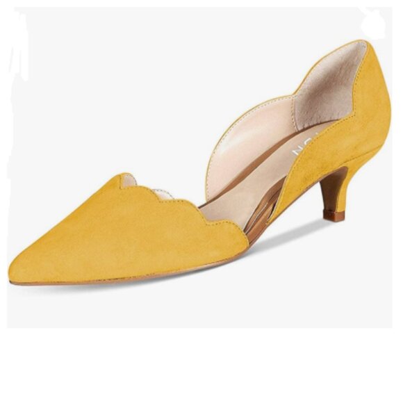 YDN Shoes - YDN Yellow Scalloped Pointed-Toe Kitten Heel D'Orsay Pumps